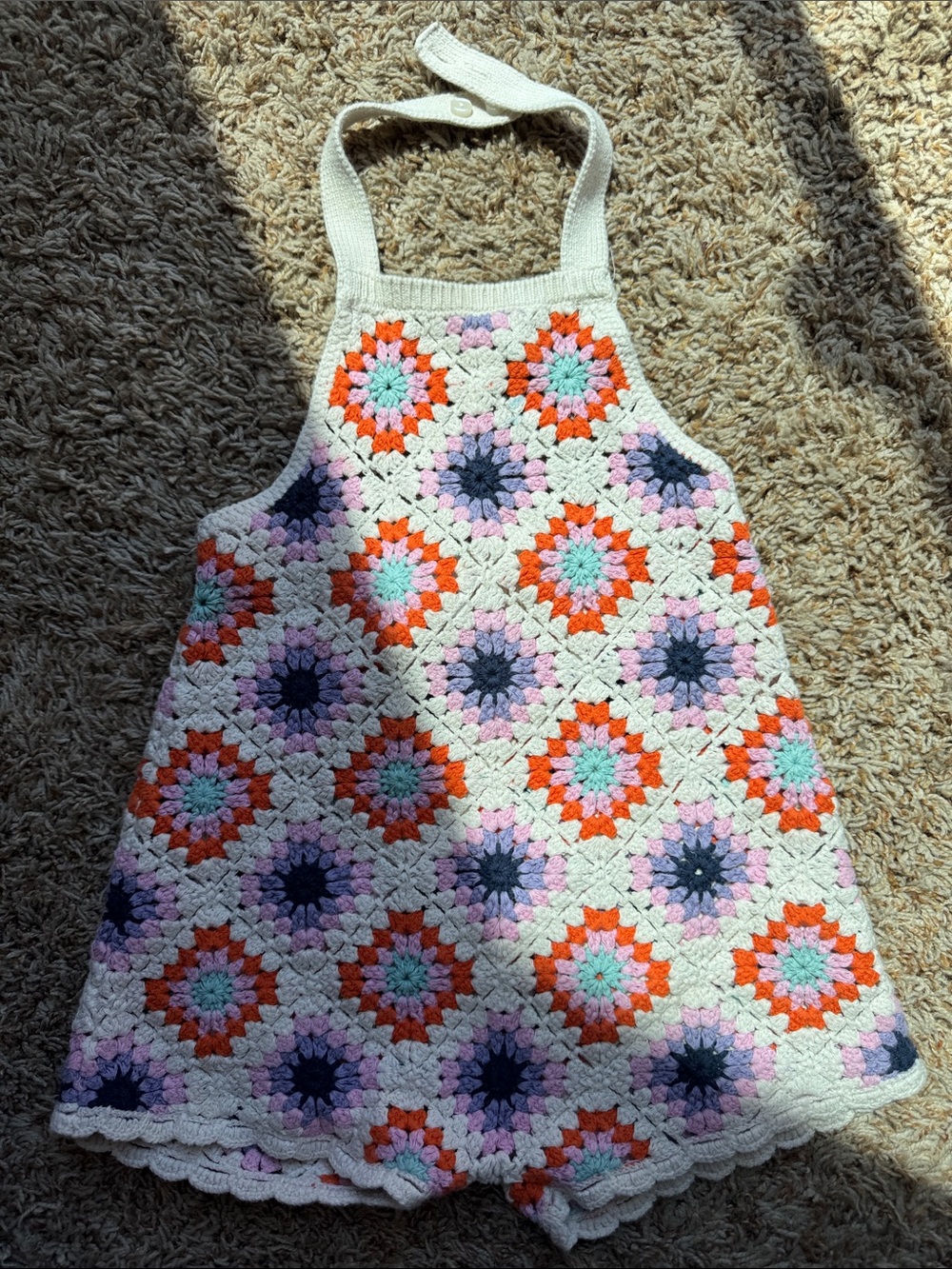 Zara Cream Crochet Granny Square Romper with Orange Pink and Blue Accents